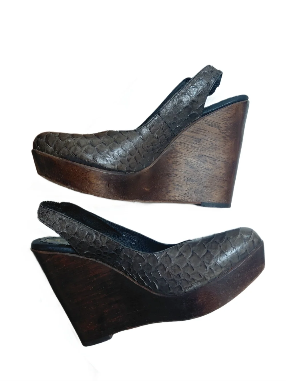 Vintage Rowen Brown Python Textured Leather Wooden Wedge Slingback Shoes Size